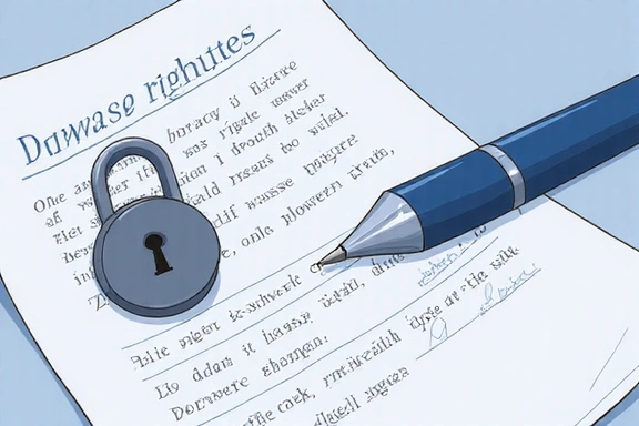 Ilustración de un documento con un lápiz y un candado, simbolizando derechos de privacidad